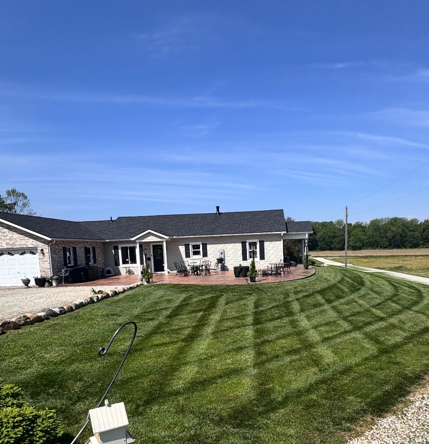 Curved diagonal stripes along a country home