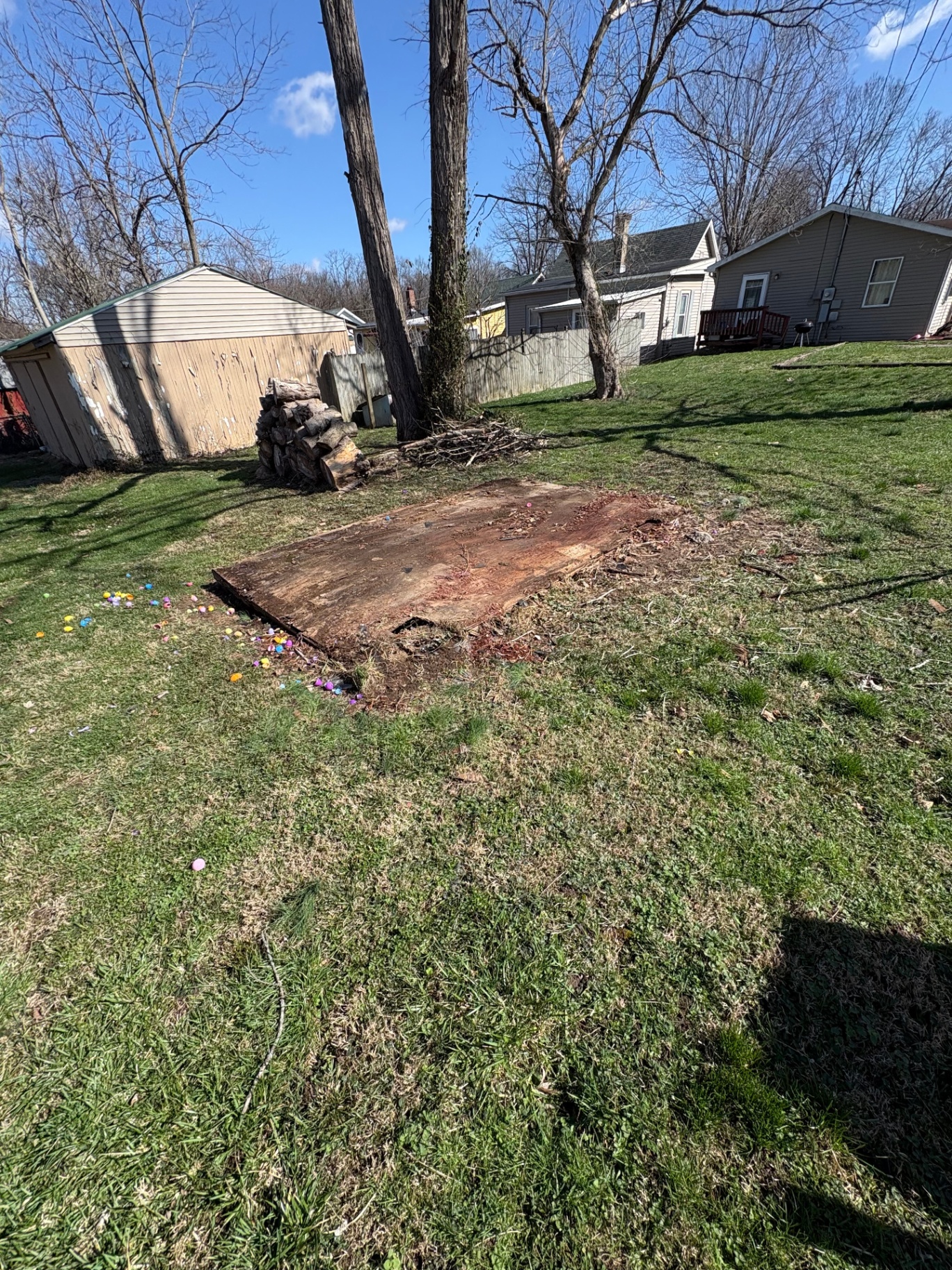 Backyard cleared of scrap wood and shingle debris