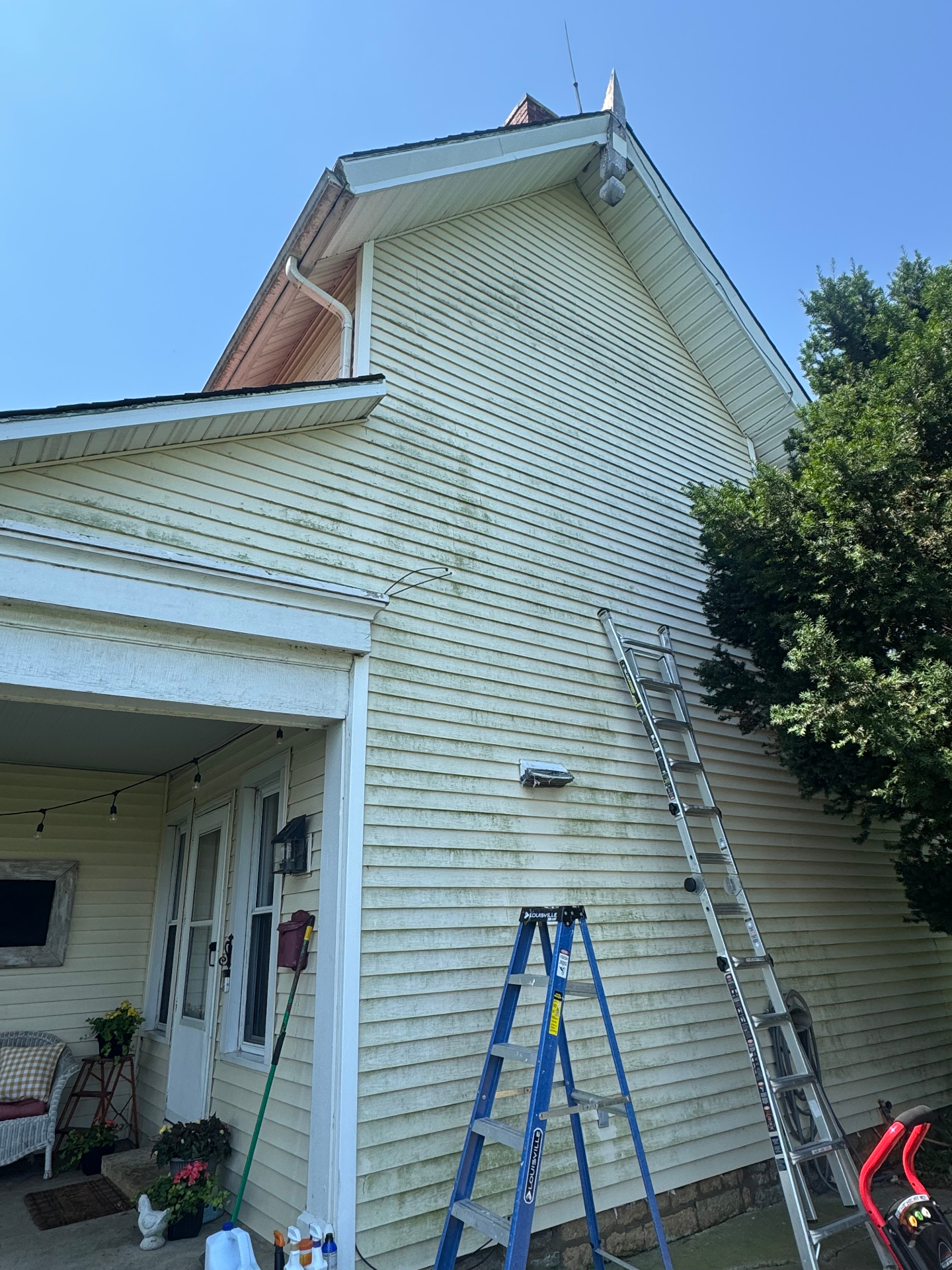 Yellow farmhouse siding with mildew before pressure washing