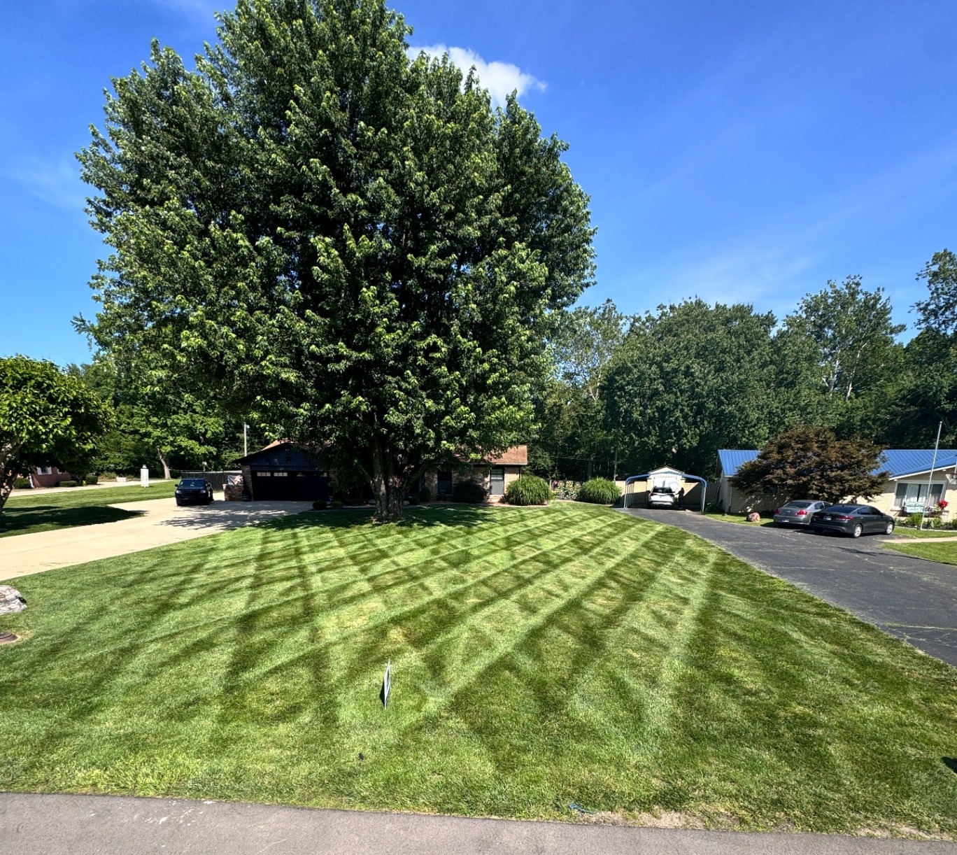 Sharp crosshatch stripes on a shaded lawn
